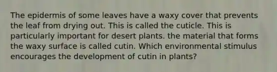 The epidermis of some leaves have a waxy cover that prevents the leaf from drying out. This is called the cuticle. This is particularly important for desert plants. the material that forms the waxy surface is called cutin. Which environmental stimulus encourages the development of cutin in plants?