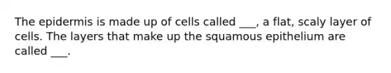 <a href='https://www.questionai.com/knowledge/kBFgQMpq6s-the-epidermis' class='anchor-knowledge'>the epidermis</a> is made up of cells called ___, a flat, scaly layer of cells. The layers that make up the squamous epithelium are called ___.