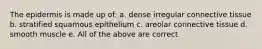 The epidermis is made up of: a. dense irregular connective tissue b. stratified squamous epithelium c. areolar connective tissue d. smooth muscle e. All of the above are correct