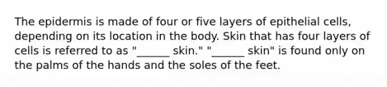 The epidermis is made of four or five layers of epithelial cells, depending on its location in the body. Skin that has four layers of cells is referred to as "______ skin." "______ skin" is found only on the palms of the hands and the soles of the feet.