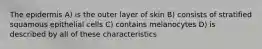 The epidermis A) is the outer layer of skin B) consists of stratified squamous epithelial cells C) contains melanocytes D) is described by all of these characteristics