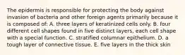 The epidermis is responsible for protecting the body against invasion of bacteria and other foreign agents primarily because it is composed of: A. three layers of keratinized cells only. B. four different cell shapes found in five distinct layers, each cell shape with a special function. C. stratified columnar epithelium. D. a tough layer of connective tissue. E. five layers in the thick skin