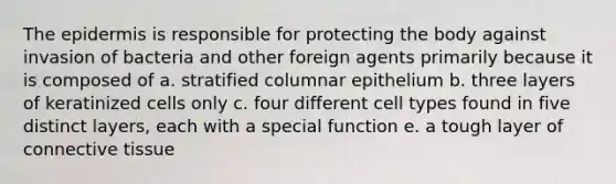 The epidermis is responsible for protecting the body against invasion of bacteria and other foreign agents primarily because it is composed of a. stratified columnar epithelium b. three layers of keratinized cells only c. four different cell types found in five distinct layers, each with a special function e. a tough layer of connective tissue