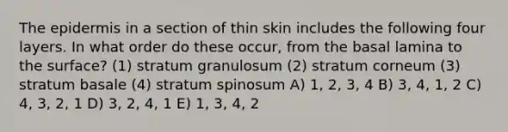 <a href='https://www.questionai.com/knowledge/kBFgQMpq6s-the-epidermis' class='anchor-knowledge'>the epidermis</a> in a section of thin skin includes the following four layers. In what order do these occur, from the basal lamina to the surface? (1) stratum granulosum (2) stratum corneum (3) stratum basale (4) stratum spinosum A) 1, 2, 3, 4 B) 3, 4, 1, 2 C) 4, 3, 2, 1 D) 3, 2, 4, 1 E) 1, 3, 4, 2