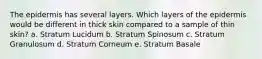 The epidermis has several layers. Which layers of the epidermis would be different in thick skin compared to a sample of thin skin? a. Stratum Lucidum b. Stratum Spinosum c. Stratum Granulosum d. Stratum Corneum e. Stratum Basale