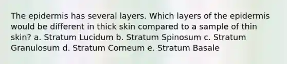 The epidermis has several layers. Which layers of the epidermis would be different in thick skin compared to a sample of thin skin? a. Stratum Lucidum b. Stratum Spinosum c. Stratum Granulosum d. Stratum Corneum e. Stratum Basale