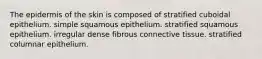 The epidermis of the skin is composed of stratified cuboidal epithelium. simple squamous epithelium. stratified squamous epithelium. irregular dense fibrous connective tissue. stratified columnar epithelium.