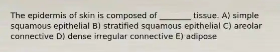 The epidermis of skin is composed of ________ tissue. A) simple squamous epithelial B) stratified squamous epithelial C) areolar connective D) dense irregular connective E) adipose