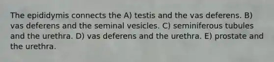 The epididymis connects the A) testis and the vas deferens. B) vas deferens and the seminal vesicles. C) seminiferous tubules and the urethra. D) vas deferens and the urethra. E) prostate and the urethra.