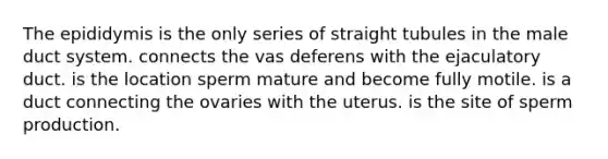 The epididymis is the only series of straight tubules in the male duct system. connects the vas deferens with the ejaculatory duct. is the location sperm mature and become fully motile. is a duct connecting the ovaries with the uterus. is the site of sperm production.