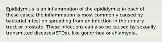 Epididymitis is an inflammation of the epididymis; in each of these cases, the inflammation is most commonly caused by bacterial infection spreading from an infection in the urinary tract or prostate. These infections can also be caused by sexually transmitted diseases(STDs), like gonorrhea or chlamydia.