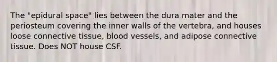 The "epidural space" lies between the dura mater and the periosteum covering the inner walls of the vertebra, and houses loose connective tissue, blood vessels, and adipose connective tissue. Does NOT house CSF.