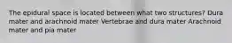 The epidural space is located between what two structures? Dura mater and arachnoid mater Vertebrae and dura mater Arachnoid mater and pia mater