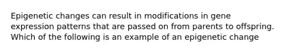 Epigenetic changes can result in modifications in gene expression patterns that are passed on from parents to offspring. Which of the following is an example of an epigenetic change