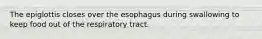 The epiglottis closes over the esophagus during swallowing to keep food out of the respiratory tract.