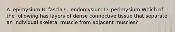 A. epimysium B. fascia C. endomysium D. perimysium Which of the following has layers of dense connective tissue that separate an individual skeletal muscle from adjacent muscles?