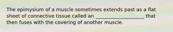 The epimysium of a muscle sometimes extends past as a flat sheet of connective tissue called an ____________________ that then fuses with the covering of another muscle.