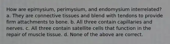 How are epimysium, perimysium, and endomysium interrelated? a. They are <a href='https://www.questionai.com/knowledge/kYDr0DHyc8-connective-tissue' class='anchor-knowledge'>connective tissue</a>s and blend with tendons to provide firm attachments to bone. b. All three contain capillaries and nerves. c. All three contain satellite cells that function in the repair of <a href='https://www.questionai.com/knowledge/kMDq0yZc0j-muscle-tissue' class='anchor-knowledge'>muscle tissue</a>. d. None of the above are correct.