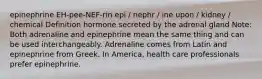 epinephrine EH-pee-NEF-rin epi / nephr / ine upon / kidney / chemical Definition hormone secreted by the adrenal gland Note: Both adrenaline and epinephrine mean the same thing and can be used interchangeably. Adrenaline comes from Latin and epinephrine from Greek. In America, health care professionals prefer epinephrine.