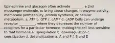 Epinephrine and glucagon often activate _______, a 2nd messenger molecule, to bring about changes in enzyme activity, membrane permeability, protein synthesis, or cellular metabolism. a. ATP b. GTP c. cAMP d. cADP Cells can undergo receptor __________, where they decreases the number of receptors for a particular hormone, making the cell less sensitive to that hormone a. upregulation b. downregulation c. sensitization d. desensitization a. A and F f. B and D