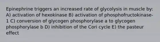 Epinephrine triggers an increased rate of glycolysis in muscle by: A) activation of hexokinase B) activation of phosphofructokinase-1 C) conversion of glycogen phosphorylase a to glycogen phosphorylase b D) inhibition of the Cori cycle E) the pasteur effect