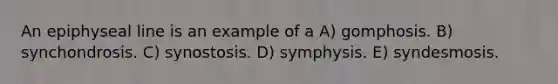 An epiphyseal line is an example of a A) gomphosis. B) synchondrosis. C) synostosis. D) symphysis. E) syndesmosis.