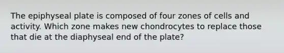 The epiphyseal plate is composed of four zones of cells and activity. Which zone makes new chondrocytes to replace those that die at the diaphyseal end of the plate?