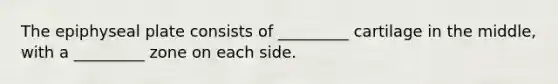 The epiphyseal plate consists of _________ cartilage in the middle, with a _________ zone on each side.