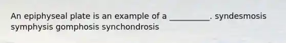 An epiphyseal plate is an example of a __________. syndesmosis symphysis gomphosis synchondrosis