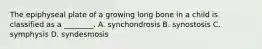 The epiphyseal plate of a growing long bone in a child is classified as a ________. A. synchondrosis B. synostosis C. symphysis D. syndesmosis