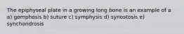 The epiphyseal plate in a growing long bone is an example of a a) gomphosis b) suture c) symphysis d) synostosis e) synchondrosis