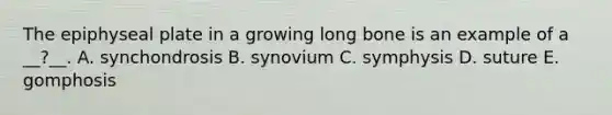 The epiphyseal plate in a growing long bone is an example of a __?__. A. synchondrosis B. synovium C. symphysis D. suture E. gomphosis