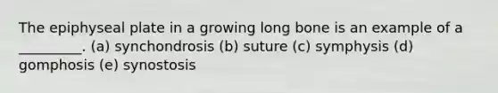 The epiphyseal plate in a growing long bone is an example of a _________. (a) synchondrosis (b) suture (c) symphysis (d) gomphosis (e) synostosis