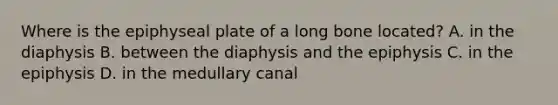 Where is the epiphyseal plate of a long bone located? A. in the diaphysis B. between the diaphysis and the epiphysis C. in the epiphysis D. in the medullary canal