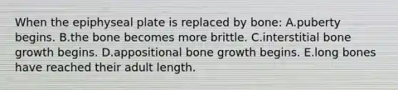 When the epiphyseal plate is replaced by bone: A.puberty begins. B.the bone becomes more brittle. C.interstitial bone growth begins. D.appositional bone growth begins. E.long bones have reached their adult length.