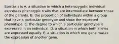 Epistasis is A. a situation in which a heterozygotic individual expresses phenotypic traits that are intermediate between those of the parents. B. the proportion of individuals within a group that have a particular genotype and show the expected phenotype. C. the degree to which a particular genotype is expressed in an individual. D. a situation in which both alleles are expressed equally. E. a situation in which one gene masks the expression of another gene.