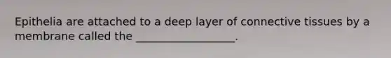 Epithelia are attached to a deep layer of <a href='https://www.questionai.com/knowledge/kYDr0DHyc8-connective-tissue' class='anchor-knowledge'>connective tissue</a>s by a membrane called the __________________.
