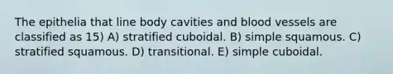 The epithelia that line body cavities and blood vessels are classified as 15) A) stratified cuboidal. B) simple squamous. C) stratified squamous. D) transitional. E) simple cuboidal.