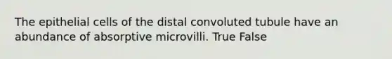 The epithelial cells of the distal convoluted tubule have an abundance of absorptive microvilli. True False