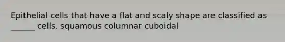 Epithelial cells that have a flat and scaly shape are classified as ______ cells. squamous columnar cuboidal