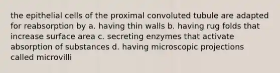 the epithelial cells of the proximal convoluted tubule are adapted for reabsorption by a. having thin walls b. having rug folds that increase surface area c. secreting enzymes that activate absorption of substances d. having microscopic projections called microvilli