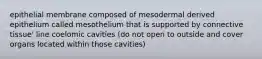 epithelial membrane composed of mesodermal derived epithelium called mesothelium that is supported by connective tissue' line coelomic cavities (do not open to outside and cover organs located within those cavities)