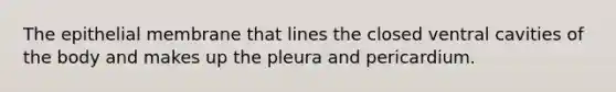 The epithelial membrane that lines the closed ventral cavities of the body and makes up the pleura and pericardium.