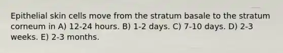 Epithelial skin cells move from the stratum basale to the stratum corneum in A) 12-24 hours. B) 1-2 days. C) 7-10 days. D) 2-3 weeks. E) 2-3 months.