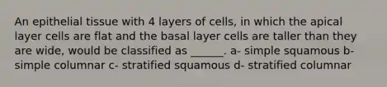 An epithelial tissue with 4 layers of cells, in which the apical layer cells are flat and the basal layer cells are taller than they are wide, would be classified as ______. a- simple squamous b- simple columnar c- stratified squamous d- stratified columnar