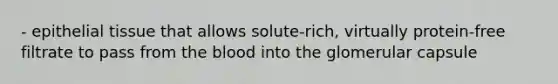 - epithelial tissue that allows solute-rich, virtually protein-free filtrate to pass from the blood into the glomerular capsule