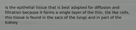 is the <a href='https://www.questionai.com/knowledge/k7dms5lrVY-epithelial-tissue' class='anchor-knowledge'>epithelial tissue</a> that is best adapted for diffusion and filtration because it forms a single layer of the thin, tile like cells, this tissue is found in the sacs of the lungs and in part of the kidney