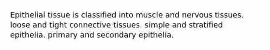 Epithelial tissue is classified into muscle and nervous tissues. loose and tight connective tissues. simple and stratified epithelia. primary and secondary epithelia.