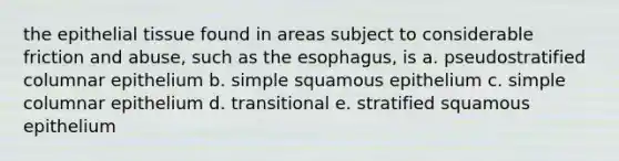 the epithelial tissue found in areas subject to considerable friction and abuse, such as the esophagus, is a. pseudostratified columnar epithelium b. simple squamous epithelium c. simple columnar epithelium d. transitional e. stratified squamous epithelium