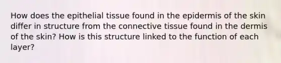 How does the epithelial tissue found in the epidermis of the skin differ in structure from the connective tissue found in the dermis of the skin? How is this structure linked to the function of each layer?